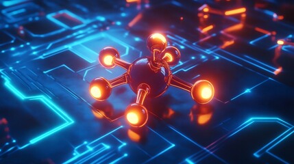 Top view of futuristic molecular model glowing on a neon blue surface