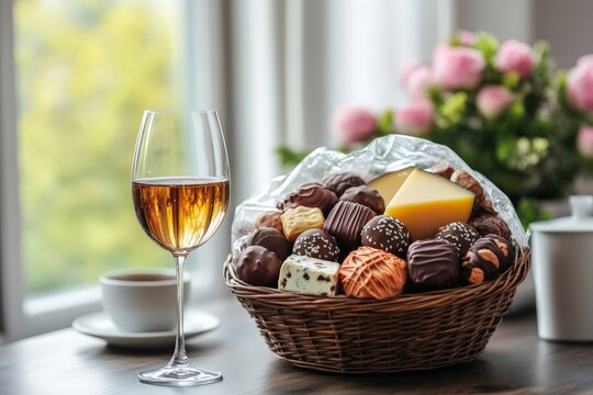 A luxurious gift basket filled with assorted chocolates, cheese, and a glass of wine, placed on a cozy table near a window.