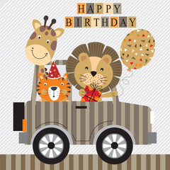 Happy birthday card with lion, tiger and giraffe