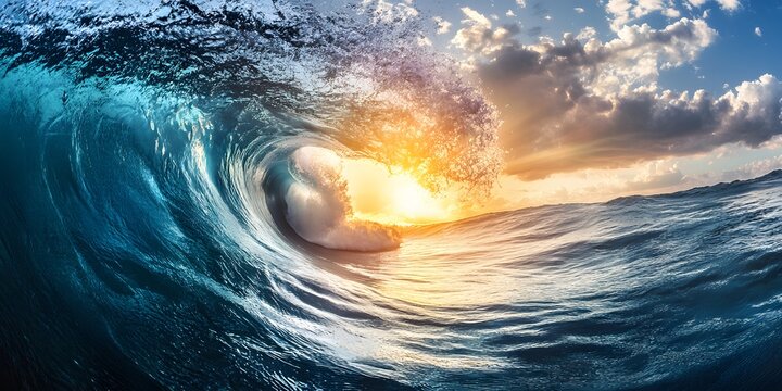 Majestic Ocean Wave Crashing Sunset Dramatic Seascape