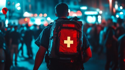 A figure with a backpack marked with a red cross stands amidst a crowd, illuminated by vibrant city lights at night.