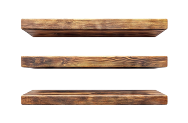 Three wooden planks used as shelves, isolated on transparent cutout background