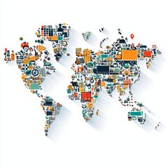 Colorful World Map Filled with Icons Representing Transportation, Logistics, and Global Trade Elements