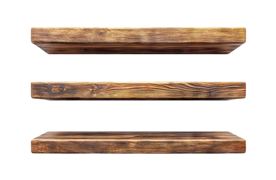 Three wooden planks used as shelves, isolated on transparent cutout background