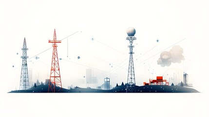 Obraz premium Iconic symbols representing the essential infrastructure of GPS satellite radar systems and communication towers that enable global connectivity data transmission