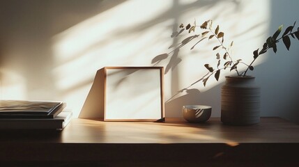 Obraz premium Soft sunlight filters through, casting natural shadows on a rustic desk. A blank frame stands ready for inspiration, accompanied by a serene plant and an elegant bowl, exuding tranquility