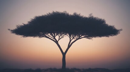 Obraz premium Silhouette of a Lonely Tree at Sunset, Peaceful Desert Landscape