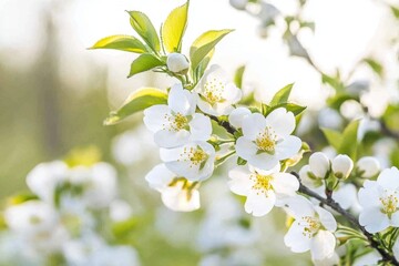 Spring blossom blooming: white flowers green leaves in sunlight