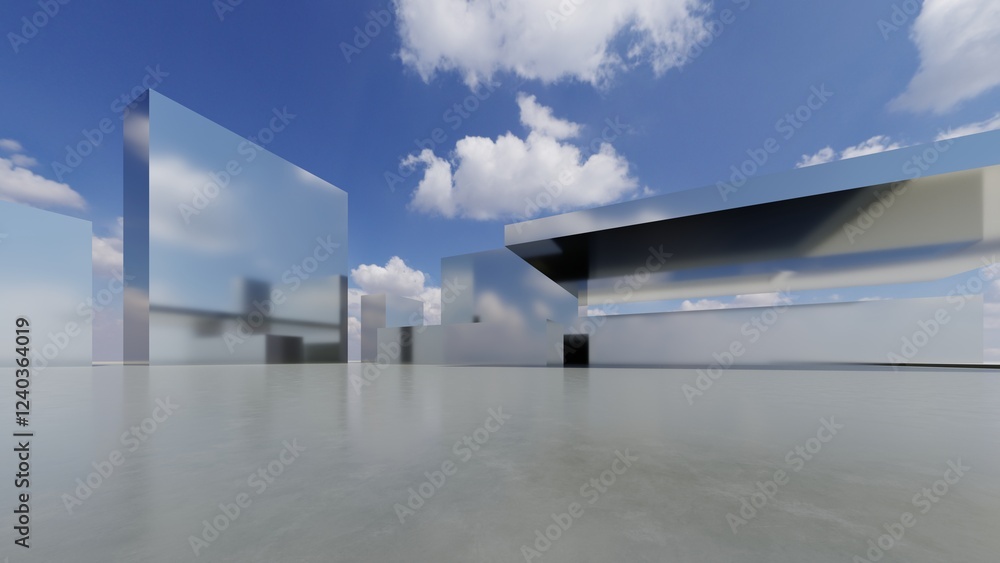 Poster 3d illustration of abstract minimal architecture background, geometric architectural with chrome or 
