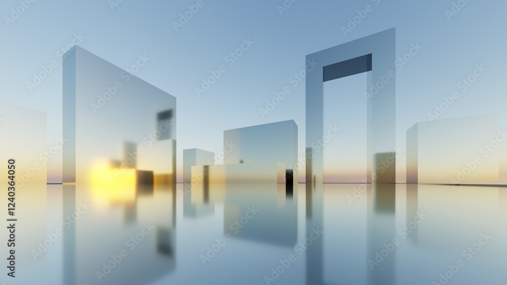 Poster 3d illustration of abstract minimal architecture background, geometric architectural with chrome or 
