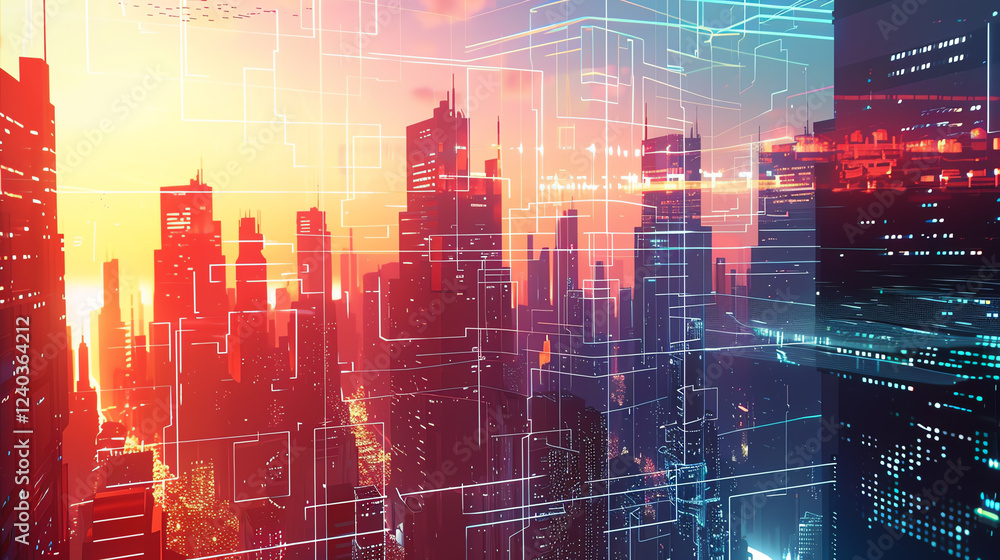 Fototapete capture a panoramic view of a futuristic cityscape merging advanced technologies with abstract psych