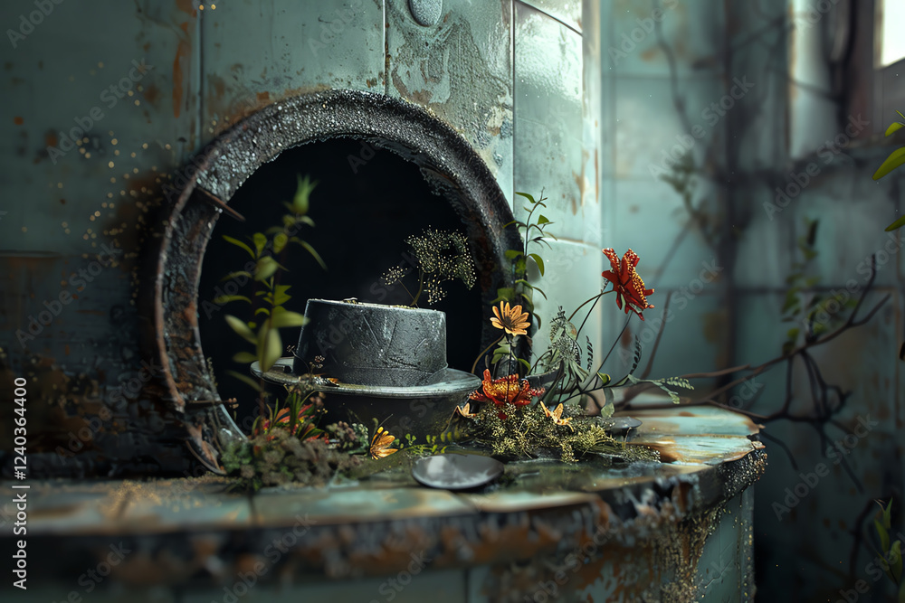 Poster capture a post-apocalyptic world through a digital photorealistic rendering of a hidden camera angle
