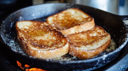 Golden brown french toast cooking in sizzling pan on stove