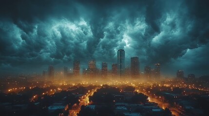 Obraz premium City Skyline Underneath a Dramatic Dark Stormy Sky