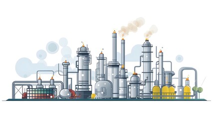 of Icons Representing a Chemical Plant Distillation Column and Chemical Storage Tank on a Clean White Background