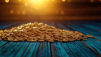 Golden Seeds on a Blue Wooden Surface: A Still Life of Abundance and Prosperity