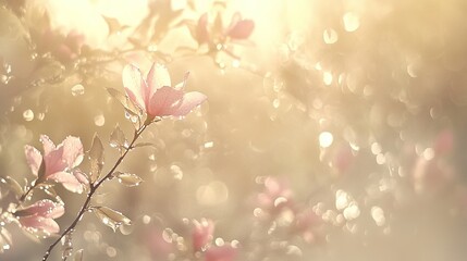 Fototapeta premium Dew-Kissed Pink Blossoms on Branch with Soft Background. Delicate Spring Beauty with Fresh Morning Dew and Ethereal Atmosphere.