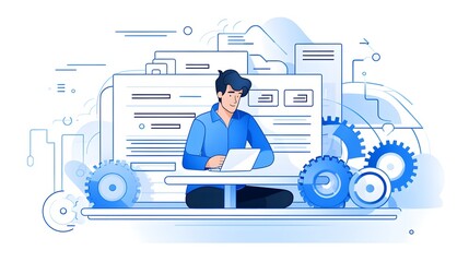 Icons and depicting a technical report engineer at work and project management plan on a clean white background  Concept of productivity efficiency and data driven decision making in the workplace