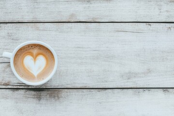 Latte art heart on rustic white wooden table