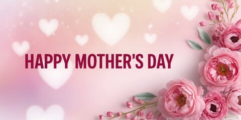A banner for Happy Mother's Day, Bokeh heart shape on a pink gradient background with pink flowers, Mother's Day background design, wallpaper, web banner