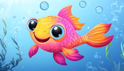 Naklejka premium Happy Pink and Orange Fish Swims Underwater