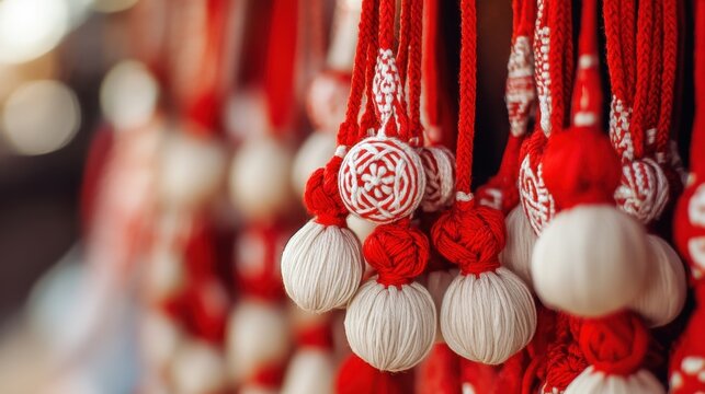 International Martisor Traditional bulgarian martenitsa crafts display with red and white yarn for spring festival