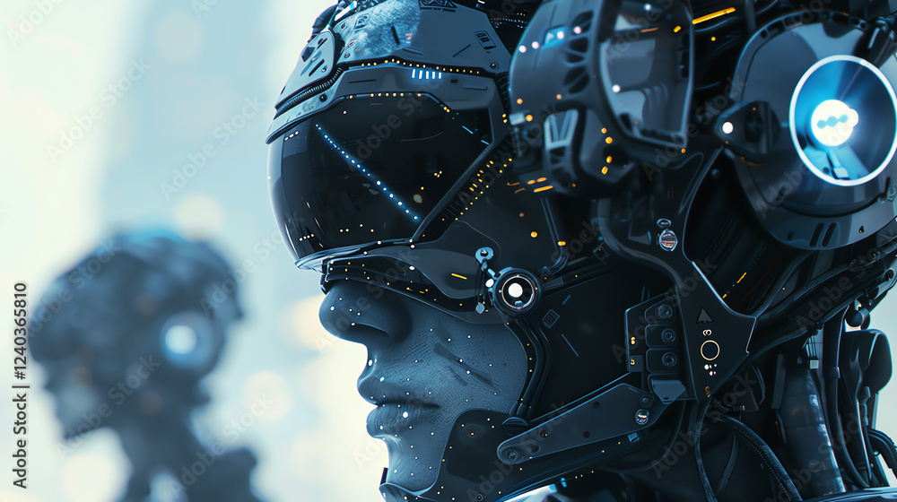 Poster capture the essence of a dystopian nano-enhanced future illustrate an eye-level view of cybernetic c