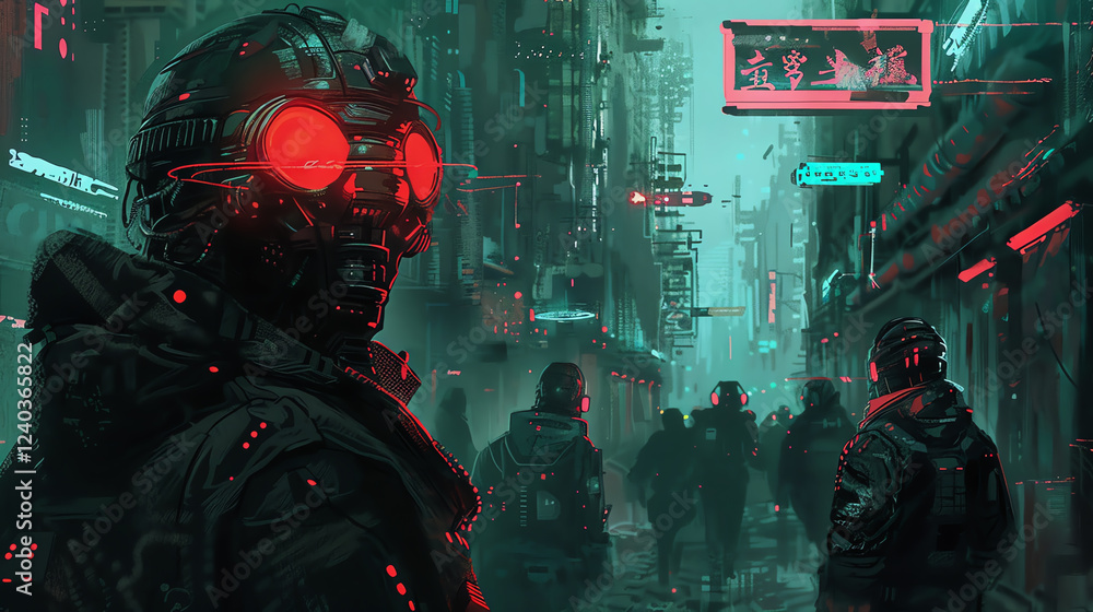 Poster capture the essence of a dystopian nano-enhanced future illustrate an eye-level view of cybernetic c