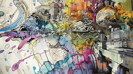 Capture the essence of Utopian Dreams x Financial Trends using a surreal mix of watercolor and pen and ink Show a wide-angle view with intricate details, blending idealistic and economic elements