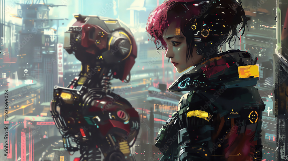 Poster capture the essence of a dystopian nano-enhanced future illustrate an eye-level view of cybernetic c