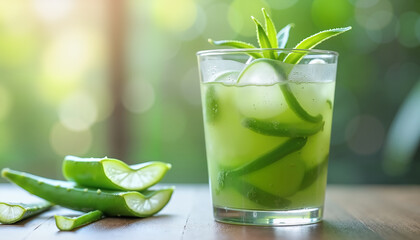 Refreshing aloe vera detox drink with green hues, perfect for health and wellness ads
