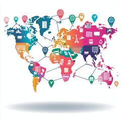 Colorful World Map with Icons Representing Transportation, Landmarks, and Global Connectivity for Travel Concepts