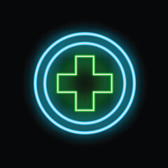 Fototapeta premium Green neon cross is glowing inside a blue neon circle on a black background
