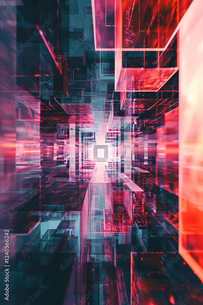 Poster capture the essence of a digital labyrinth through abstract art techniques, using glitch art aesthet
