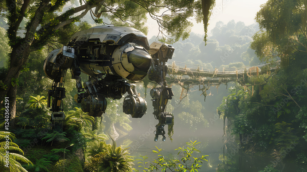 Poster capture the essence of a robotic jungle using cg 3d rendering, blending surrealism and nanotechnolog