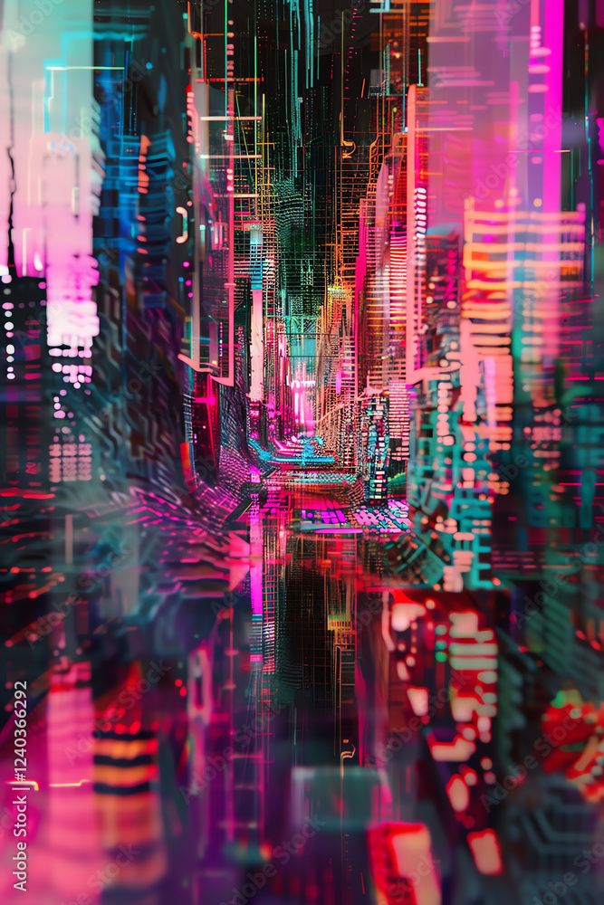 Poster capture the essence of a digital labyrinth through abstract art techniques, using glitch art aesthet