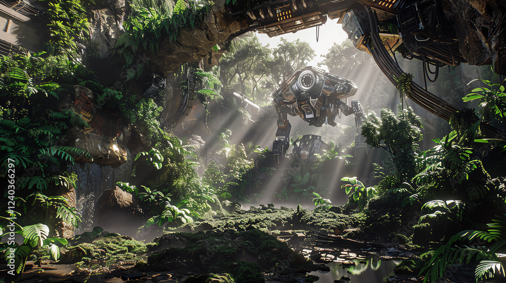 Poster capture the essence of a robotic jungle using cg 3d rendering, blending surrealism and nanotechnolog