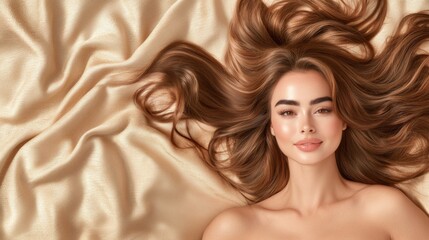 Naklejka premium Model posing elegantly on silk bedspread studio setting portrait photography soft lighting fashion concept