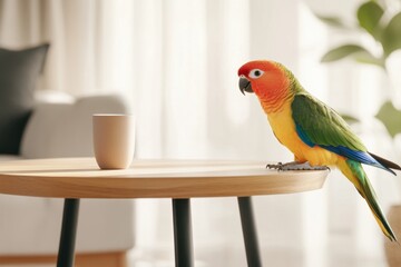 Parrot on table with coffee cup in modern living room