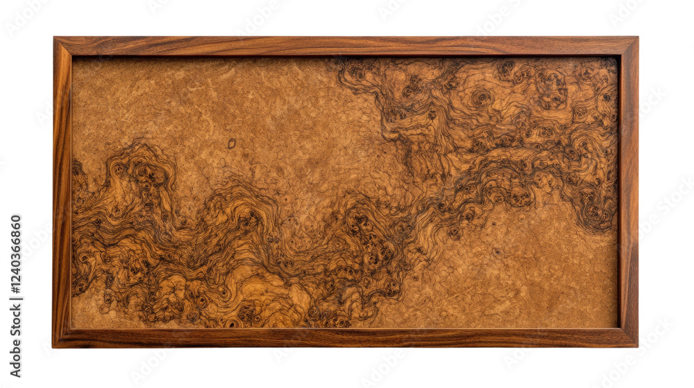 Fototapete the image shows a rectangular frame of dark wood enclosing a piece of burl wood with striking swirli