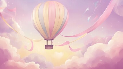 Obraz premium A Dreamy Pastel Hot Air Balloon Ascending Through a Cloud-Filled Sky
