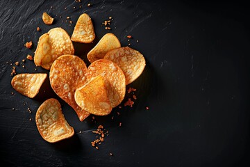 National Potato Chip Day.Golden crispy potato chips on a dark background.
