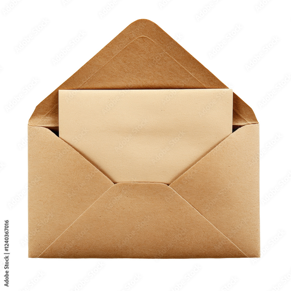 Poster a brown kraft envelope is slightly open revealing a blank beige note inside against a black backgrou