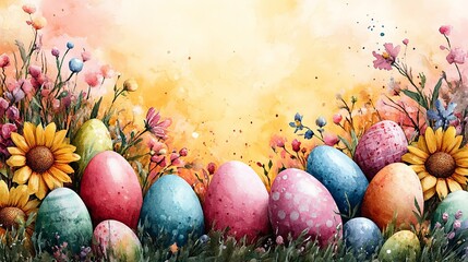 Easter celebration wallpaper with sunflower yellow background colorful eggs and flowers springtime vibes vibrant art