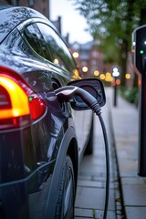 Electric vehicle charging station urban streets vehicle image evening setting close-up view sustainable transportation