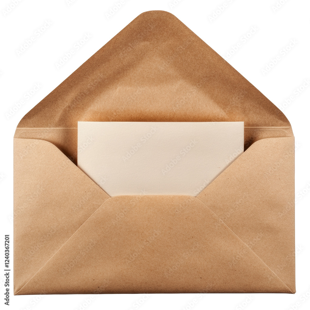 Poster a brown paper envelope is open to reveal a blank white notecard inside ready for a message.