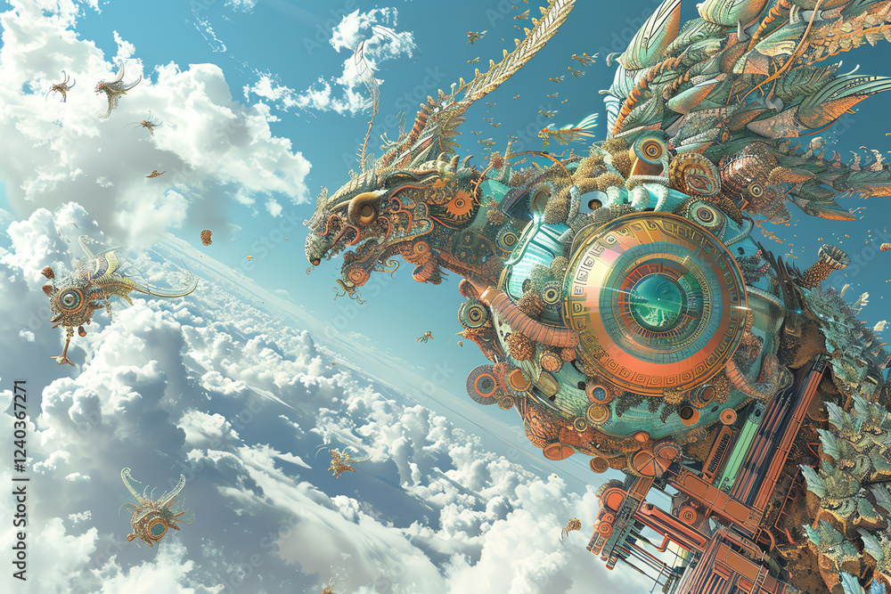 Poster capture the essence of surrealism by digitally rendering mythical beings coexisting with advanced te