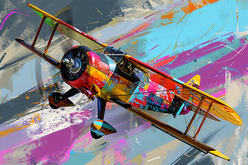 Capture the evolution of flight through abstract art with a side view perspective, blending aviation milestones in vivid colors and shapes Use acrylic or digital rendering techniques for a modern twis