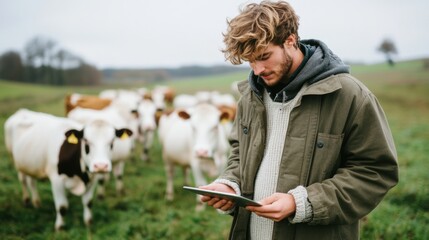 Digital monitoring of milk production by dairy farmer in modern agricultural setting with cows in background