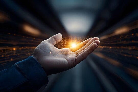 Human Hand Reaching Out with Light and Data Energy Visualization